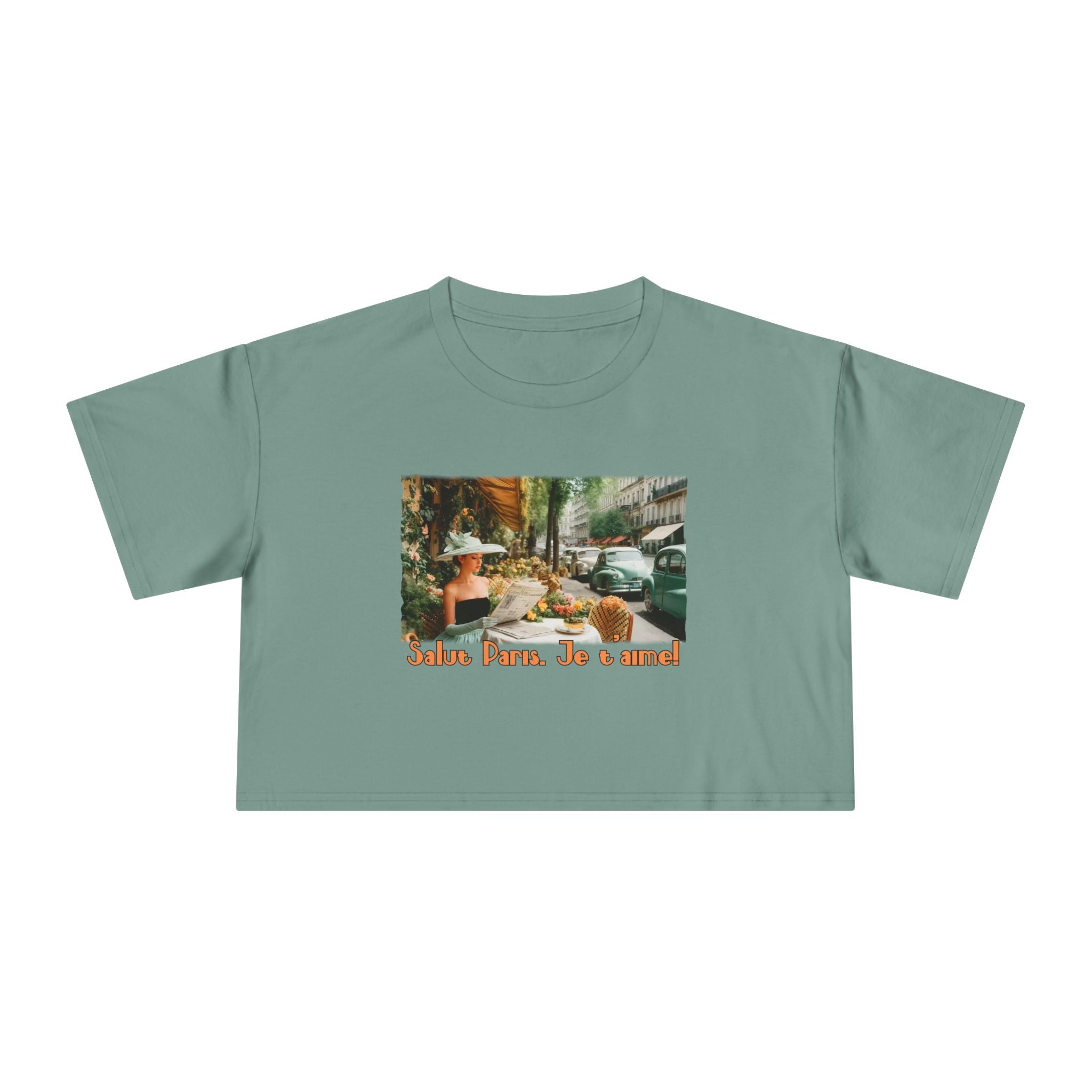 Paris Café Vintage Crop Tee – 'Salut Paris, Je t'aime' Art print.