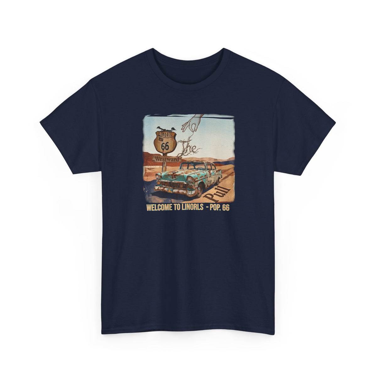 Highway 66 with old car Art print on Unisex Heavy Cotton Tshirt.
